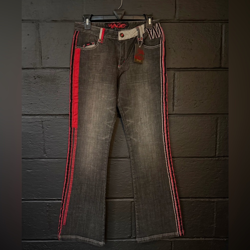 Lady Enyce Y2K Low Rise Flare Jeans Women’s Black Red Satin Trim Deadstock NWT - Picture 2 of 6